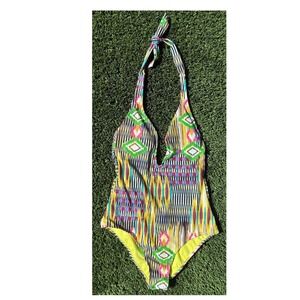 R Collection by‎ Raisins Halter One Piece Swimsuit Multi Color Tribal Print L